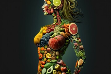 Fruit woman silhouette. Fresh fruits are laid out in the shape of a person. AI generated, human enhanced.