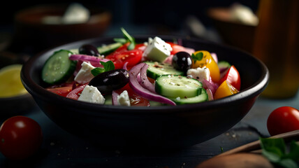 Feta Cheese, Olives, and Fresh Vegetables in a Perfect Greek Salad