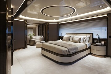 Wide-angle photo of an interior of a luxurious boat cabin with a big neatly made bed, lacquered wood paneling decoration. Luxurious yacht cabin, generative ai