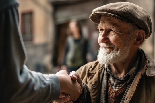Grandfather shakes hands with his grandson. AI generated, human enhanced