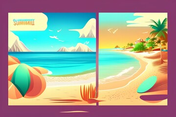Beautiful illustration of sandy summer beach. Summer vacation , summer day poster or flyer design template - generative ai
