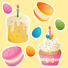Easter set with traditional cake, colorful boiled eggs, cupcake with white icing, sprinkles and burning candle, egg-shaped macaroons. Cute cartoon set of easter sweets. Happy Easter Day stickers