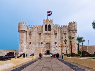 The Citadel of Qaitbay Alexandria Historical landmark of Egypt front-look in winter after rain