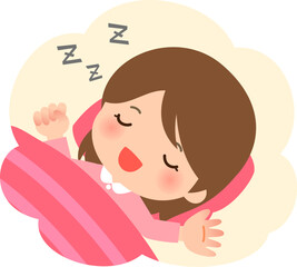 笑顔でイビキを書いて眠る女性、爆睡