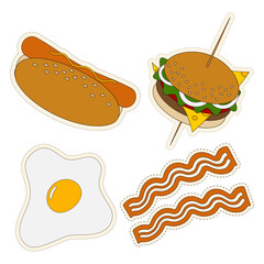 Hamburger, hot dog and a fried egg with strips of bacon. Sticker pack of 4 popular fast food types