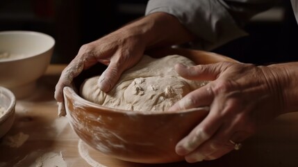 Close up hands kneading homemade yeast dough in a bowl. Sourdough bread. Generative AI.
