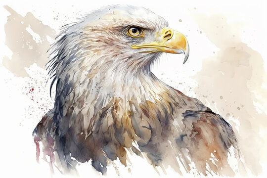 Generative AI. Watercolor painting of an american bald eagle. Symbol predator, bird illustration.