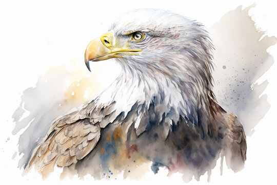 Generative AI. Watercolor painting of an american bald eagle. Symbol predator, bird illustration.