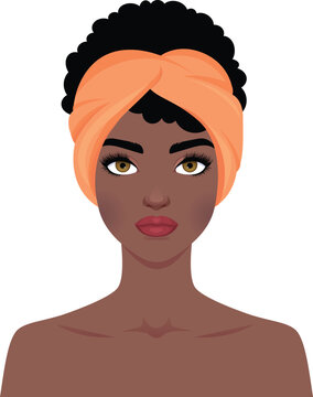 Portrait of a beautiful african american woman. Young Girl with hair wrapped in a bath towel. Stylized vector image of a girls face