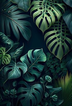 Luxury tropical leaves plant and foliage exotic background abstract of dark botany, Background of plant leaves and tropical flower design for wallpaper. Generative Ai