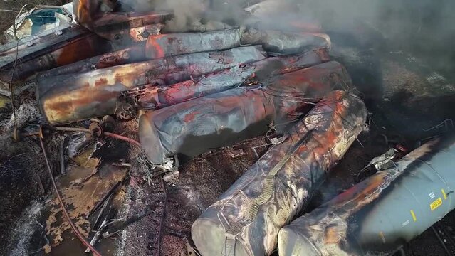2023 - Excellent aerial footage of burning wreckage of a derailed train in East Palestine, Ohio.