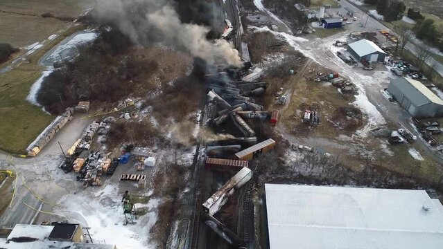 2023 - Excellent aerial footage of smoke rising from a derailed train in East Palestine, Ohio.