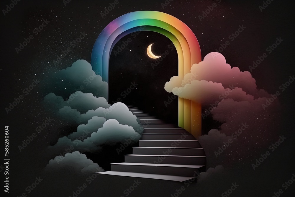 Poster black backdrop with a minimalist arch and steps covered with stars and colored smoke. generative ai