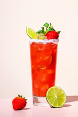 Paloma alcoholic cocktail drink with tequila, grapefruit and lime juice, strawberries, mint and ice in glass with salty rim. Beige pink vanilla background.