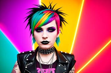 Naklejka na ściany i meble Portrait of a punk girl with bright make up and colorful hair. Generative AI.