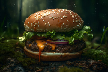 Fototapeta na wymiar Hamburger in the forest, AI generation