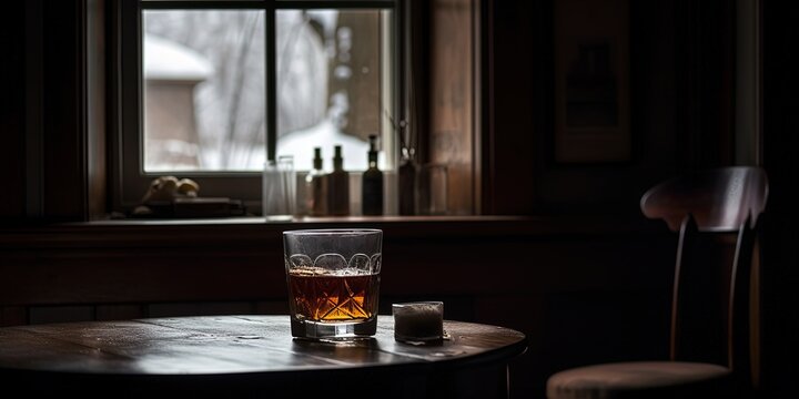 Glass of whiskey with ice cubes in a dark ambient on the table in a dark day Generative AI