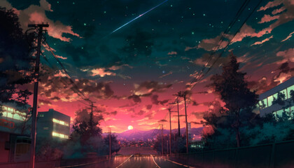 beautiful sunset over the city anime background wallpaper