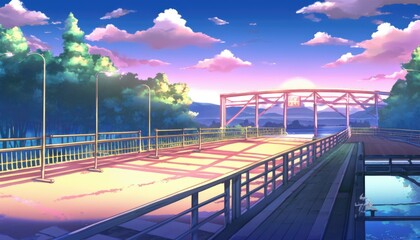 bridge over the lake anime background wallpaper