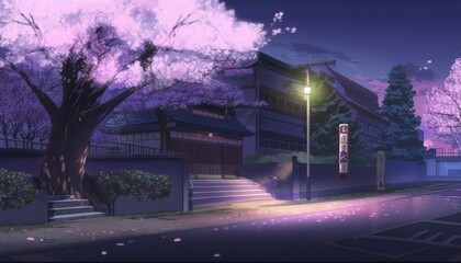 Fototapeta na wymiar night city street scene anime background wallpaper