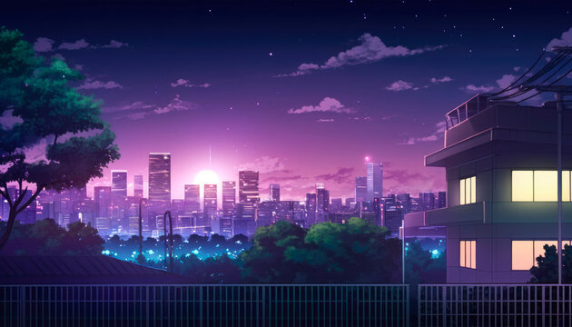 night city skyline anime background wallpaper