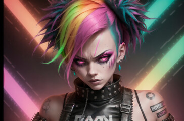 Young punk woman. Portrait of vulgar female with bright image, daring style. Generative AI.
