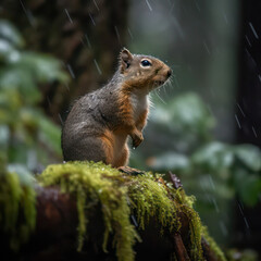 Naklejka na ściany i meble squirrel in the park in the rain