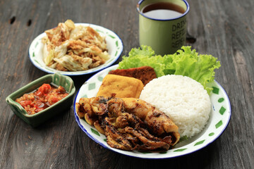 Rice with Grilled Roasted Squid, Served with Spicy Sambal and Kol Goreng