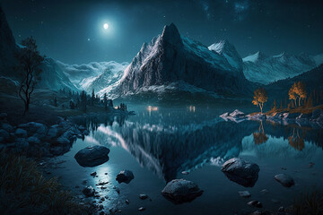 Beautiful night landscape in the moonlight, AI-generated