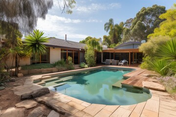 Fototapeta premium Private swimming pool nearby a contemporary house. High quality generative ai