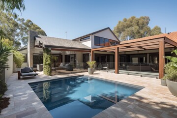 Fototapeta na wymiar Private swimming pool nearby a luxury house. High quality generative ai