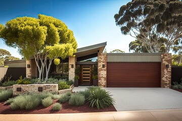 Obraz premium Contemporary luxury house exterior, with garage, garden and trees. Generative AI