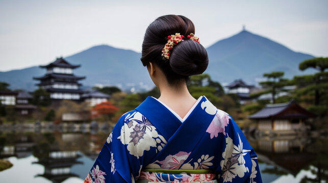 A woman wearing a kimono. Castle and mountains in her background,japan（着物を着た女性）.