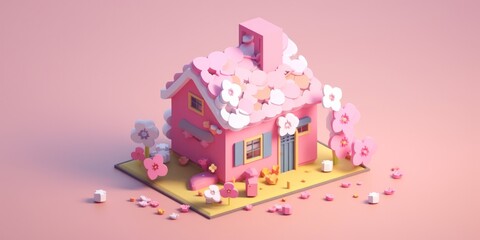 3D house with a tree and flowers during spring. Tiny cute isometric, soft smooth lighting, with soft pastel colors, 3d.