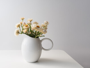 Close up of white jug with everlasting daisies on table against light grey wall (selective focus)