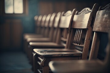 Rows of wooden chairs in an old lecture room. Generative AI