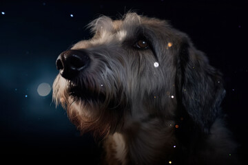 Big gray fluffy dog in the night. AI Generated
