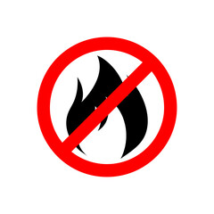 Vector flat black fire icon crossed in red circle. No fire sign isolated on white background.eps