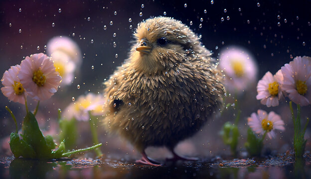 Cute little chick in rain, spring flowers around.