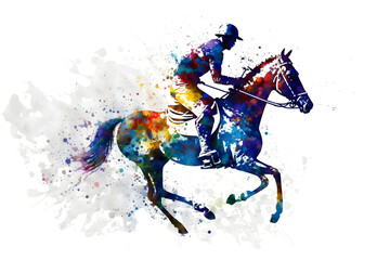 Fototapeta na wymiar Race horse with jockey on watercolor splatter background. Neural network AI generated art