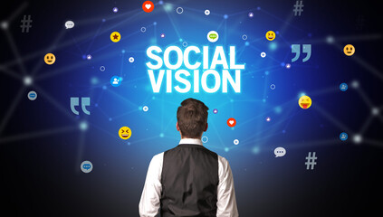 Rear view of a businessman, social media concept