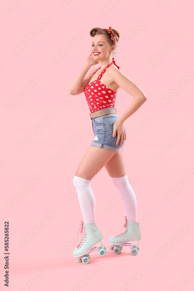 Sticker Young pin-up woman in roller skates on pink background