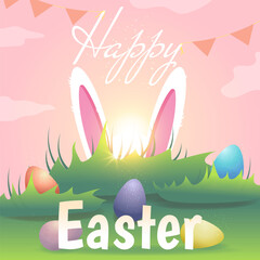 Easter card with bunny and eggs. Congratulations on the holiday of Easter. Painted eggs and rabbit ears in the grass against the backdrop of the sun. Vector illustration.