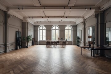 A grand room with a parquet floor with stucco panels, molding, and frames. Large, open studio with furnishings and advertising product mock-ups, generative ai