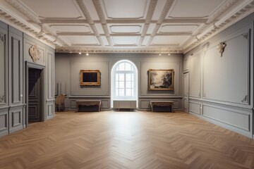 A grand, empty room with a parquet floor with stucco panels, molding, and frames. Large, open studio with furnishings and advertising product mock-ups, generative ai