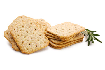 Tasty crackers and rosemary isolated on white background