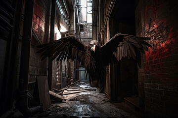 An image of a mysterious, winged creature lurking in the shadows of a dark alleyway - Generative AI