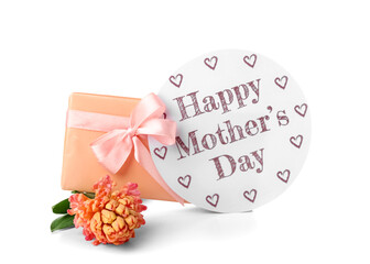 Card with text HAPPY MOTHER'S DAY, hyacinth flower and gift isolated on white background