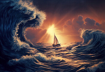 Sailing boat in the midst of a huge wave in the ocean, AI Generated