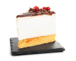 Slate board with piece of tasty birds milk cake on white background
